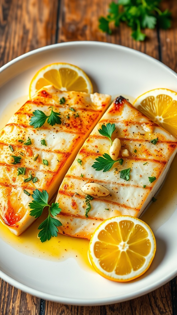 Broiled halibut fillets garnished with parsley and lemon on a rustic table.